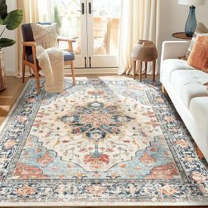 Area Rugs 5'x7' Washable Non-Slip, Floral Vintage Distress Print Pattern Medallion Carpet for Living Room Bedroom Dining Room, Beige Navy Blue Orange Colorful