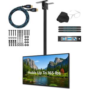 Cheetah Ceiling TV Mount for 37-86 Inch TVs, Max 165lb, VESA 600 and Full 64" Extension Supports Newer Displays up to 100", Bracket Mounts Flat, Vaulted or in-Ceiling, 360 Swivel and 15 Degree Tilt