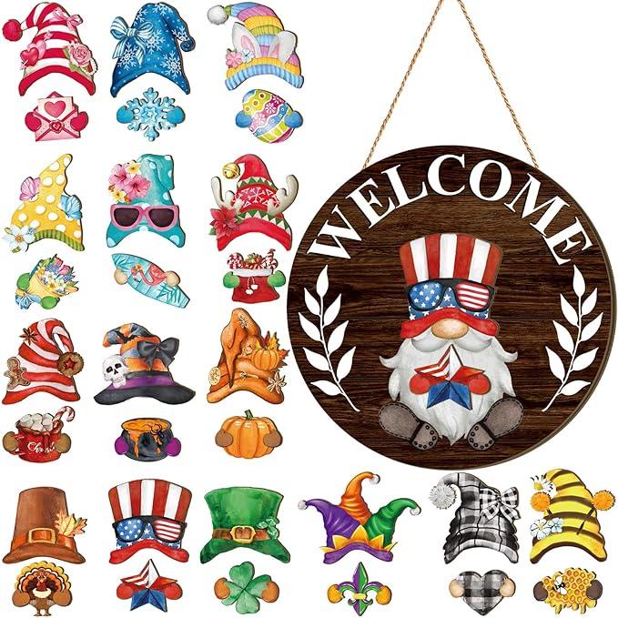 Qunclay Interchangeable Wooden Gnome Decor Holiday Seasonal Gnome Decorations with Magnet Pieces and Detachable Hats Changeable Welcome Sign for Home(Dark Brown)