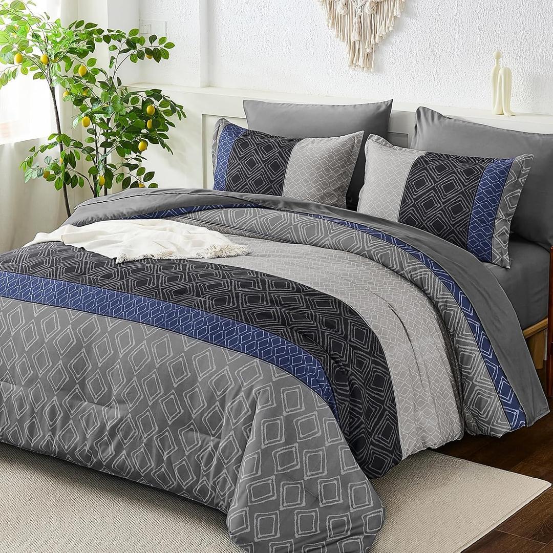 Dinjoy Full Size Comforter Sets,Gray Blue Boho Bedding Set Soft 7 Piece Bed in a Bag Striped Comforters with Sheet Set Microfiber Complete Sets with Plaid for All Season