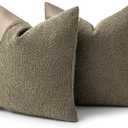 Set of 2 Fluffy Boucle Pillow Covers 18"x18", Moss Green Textured Throw Pillow Covers with Faux Leather Accents, Boho Decorative Pillow Cases for Couch, Bed, or Farmhouse Home Decor