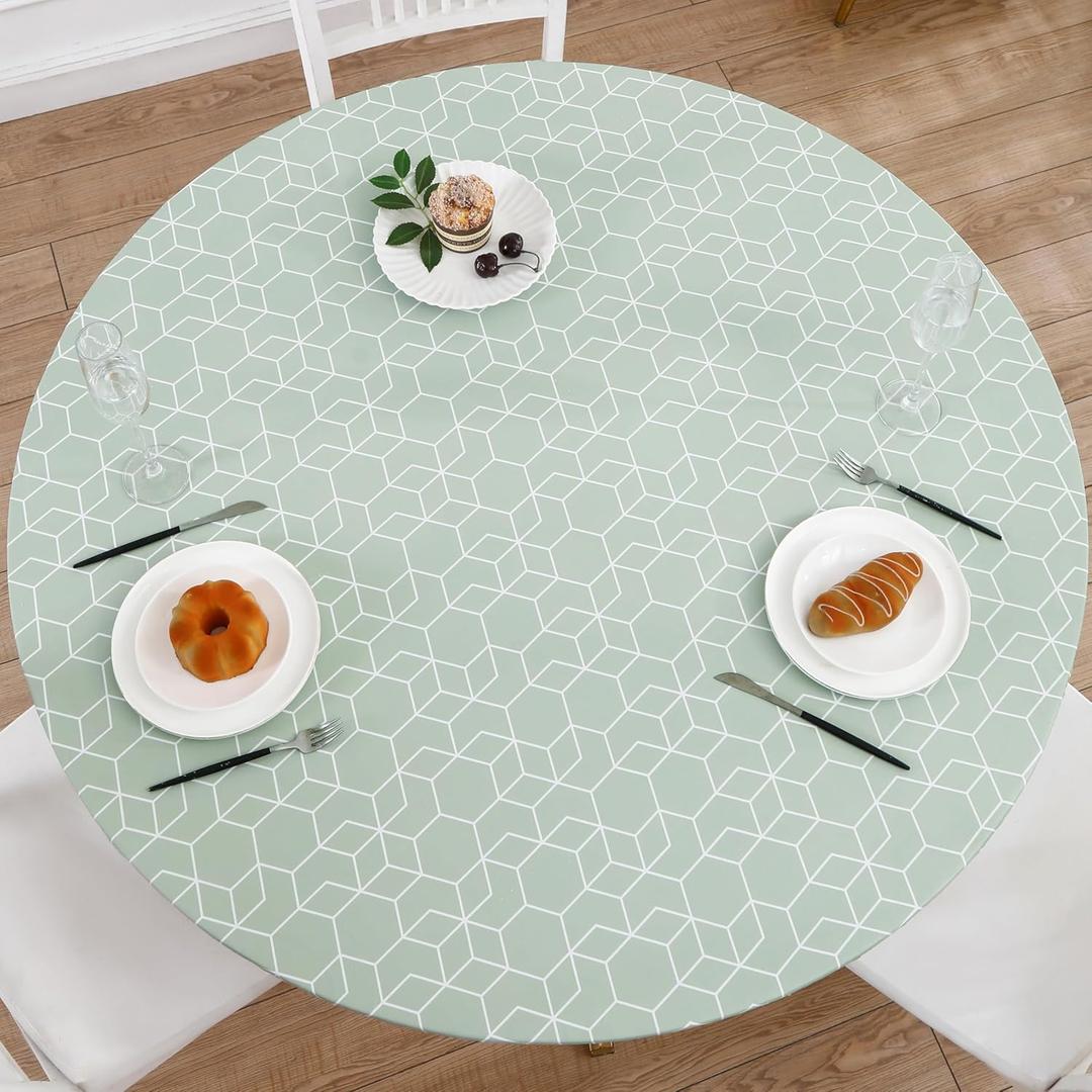 Round Vinyl Fitted Tablecloth with Flannel Backing Elastic Edge Design Table Cover Waterproof Oil-Proof PVC Table Cloth Stain-Resistant Best for 45"-56" Round (Green Grid)