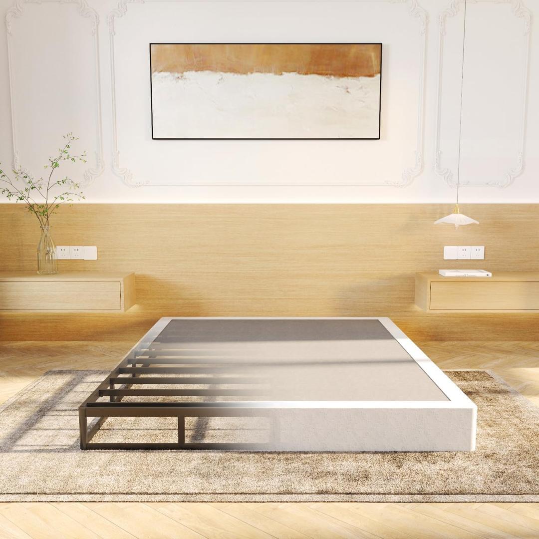 LUMUNANCE Box Spring Queen Size Bed Base, 7-Inch Height Metal Queen Mattress Foundation with Fabric Cover, Easy Assembly