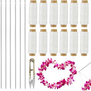 19 PCS Lei Needle Kit Include 6 PCS 12 Inch Graduation Large Eye Lei Sewing Needle 12 Lei Needle Twine 1 Sewing Scissor for DIY Graduation Hawaiian Lei Flowers Wreath Sewing Bead Stitch Craft