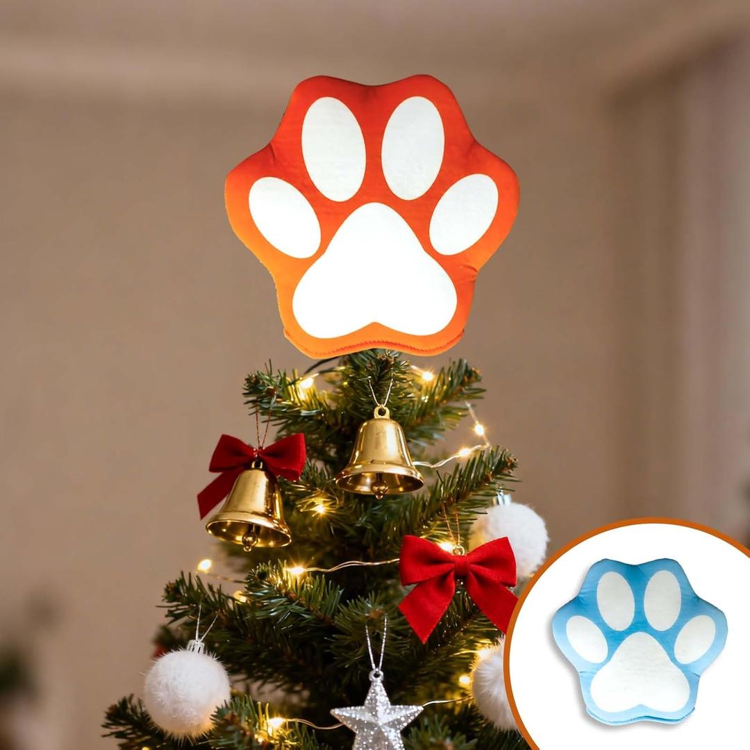 Dog Paw Christmas Tree Topper,9.8 * 9.8inch Blue Orange Dog Paw Print Christmas Ornament Topper, Santa Hat Tree Topper, Indoor and Outdoor Xmas Festival Thanksgiving Day New Year Decors