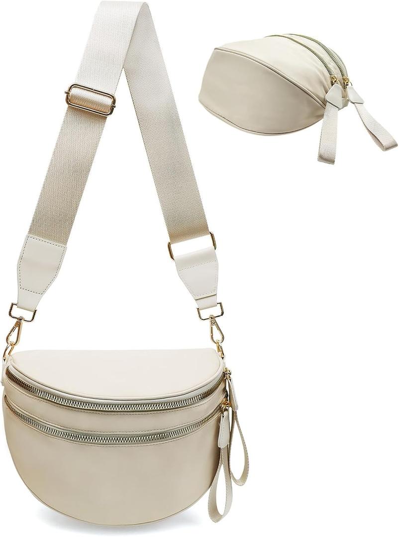 Bum Bags for Women Nylon Crossbody, Spacious Fanny Packs Belt Bag Large Sling Bag with Adjustable Strap (Beige)