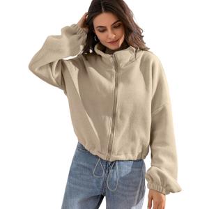 Women fleece crop jacket Zip Up Oversized Sweatshirts fall and Winter Clothes Long Sleeve Outfits (X-Large, Khaki)