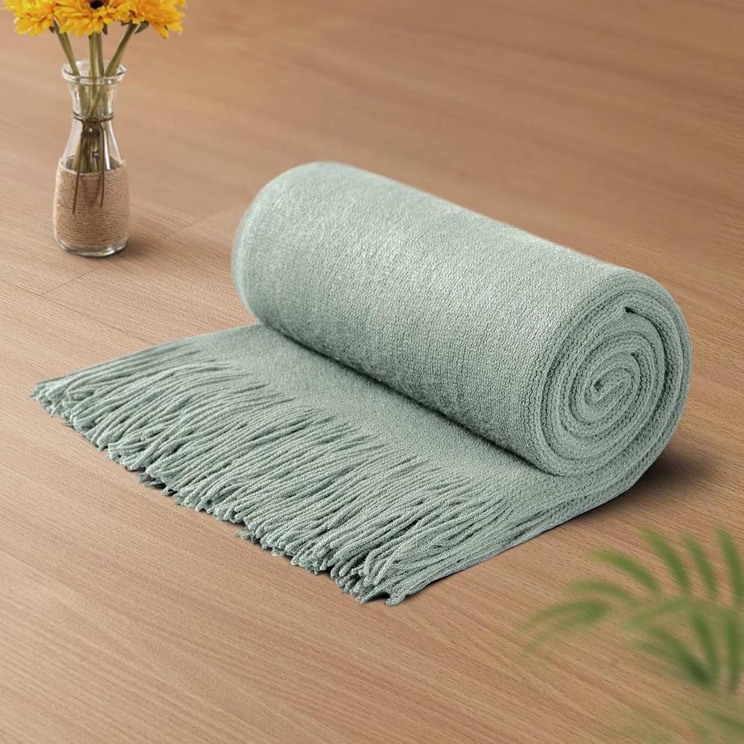 Vonty Sage Green Knitted Blanket with Tassels Fringe 50" x 60", Super Soft Knit Throw Blanket, Farmhouse Decorative Lightweight Blanket for Couch, Sofa, Bed