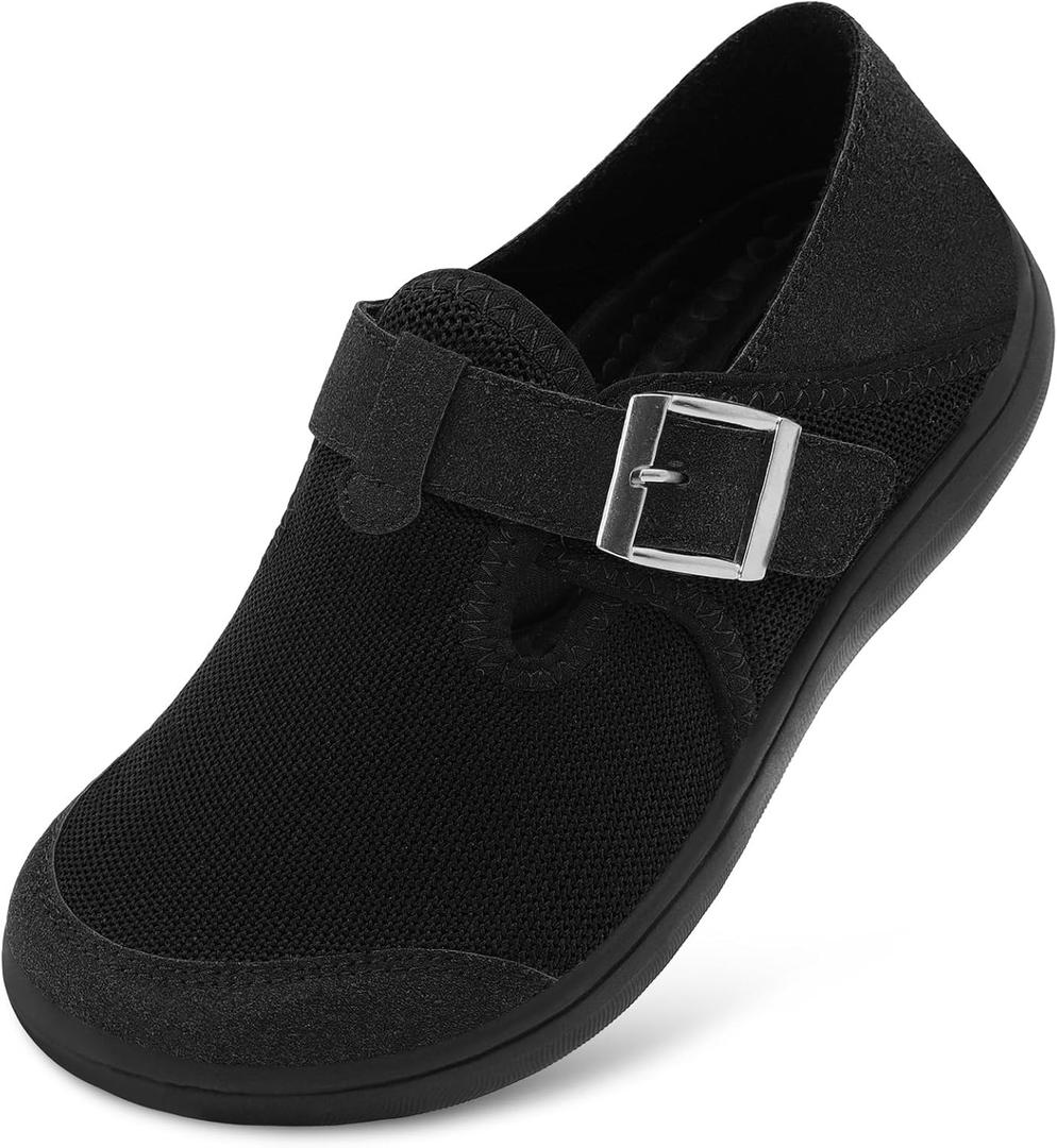 XIHALOOK Womens Walking Shoes Wide Toe Barefoot Shoes Zero Drop Minimalist Loafer with Adjustable Strap Slip on Clogs (Black) 9