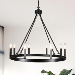 Black Chandelier for Dining Room 8-Light Wagon Wheel Chandeliers 26 Inch Farmhouse Light Fixture Kitchen Island Round Pendant Lights for Living Room Foyer Entryway Outdoor Porch E12