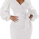 BOGURST Semi Formal Church Dresses for Women Bishop Sleeve Sexy V Neck Bodycon Midi Dresses (White, XXL)