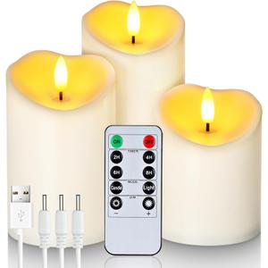 Homemory Rechargeable Flameless Candles, LED Candles, Battery Operated Candles with Remote and Timers, Outdoor Waterproof, Long Lasting, Set of 3 (D3"H4"5"6", Ivory White)