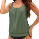 Yonique Blouson Tankini Swimsuits for Women Loose Fit Floral Printed Modest Two Piece Bathing Suits (Medium, Army Green Tankini)