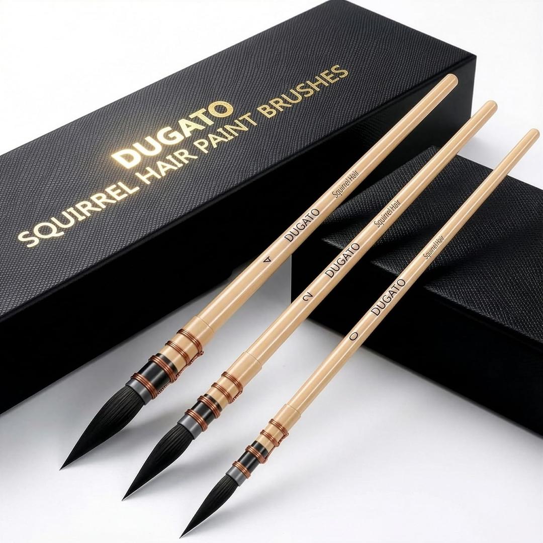 Professional Real Squirrel Hair Watercolor Brushes Set by DUGATO  Natural Mop Round Paintbrushes for Fine Detail, Gouache, Acrylic, Oil & Wash Painting (3 Brushes)