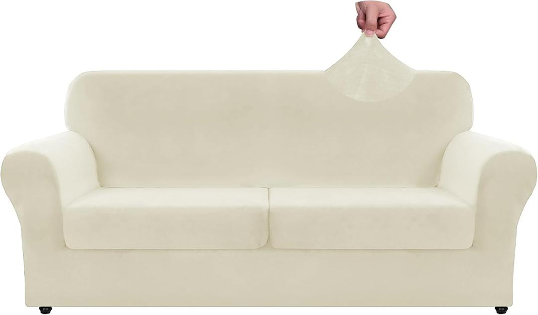ZNSAYOTX Oversized Velvet 3 Piece Couch Cover with 2 Extra Large Seat Cushion Covers Stretch Sofa Cover for 2 Cushion Couch Thick Soft Loveseat Sofa Slipcover (Beige),72"-92"(2 Cushions)
