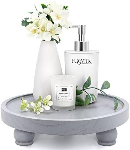EOSAHR Modern Wooden Risers for Display: Farmhouse Pedestal Stand for Home, Kitchen and Bathroom Counter Decor - Stylish Round Waterproof Decorative Tray for Organize Soap, Sink, Jewelry (Gray)