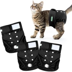 Wegreeco Cat Diapers, Cat Diapers for Male Female Cats Spraying Incontinence, Reusable Adjustable Highly Absorbent (3 Pack, Large) (Black)