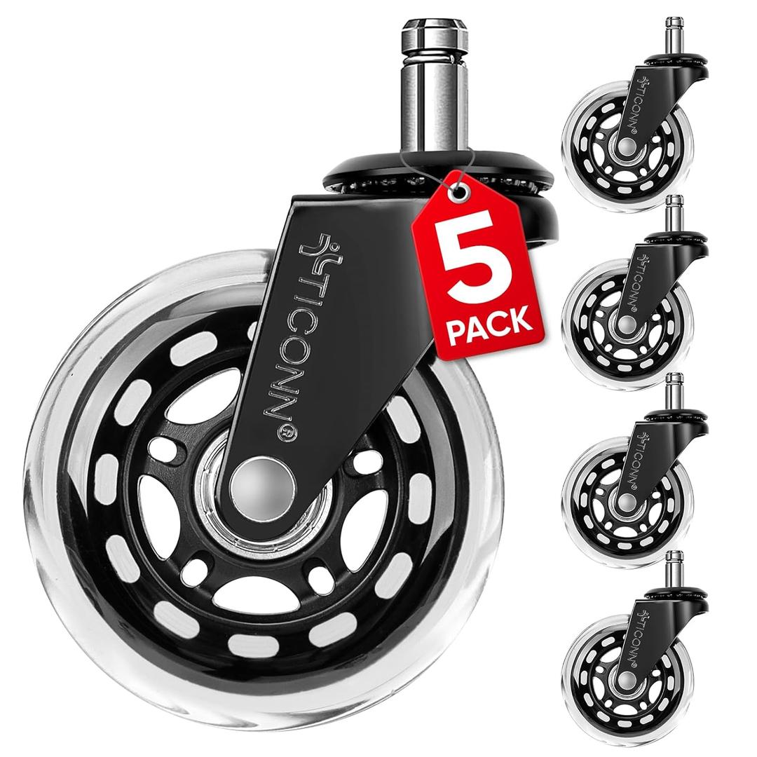 TICONN Office Chair Caster Wheels Set of 5 for Tile, Hardwood Floors and Carpets, Universal Fit for Most Chairs (Transparent)