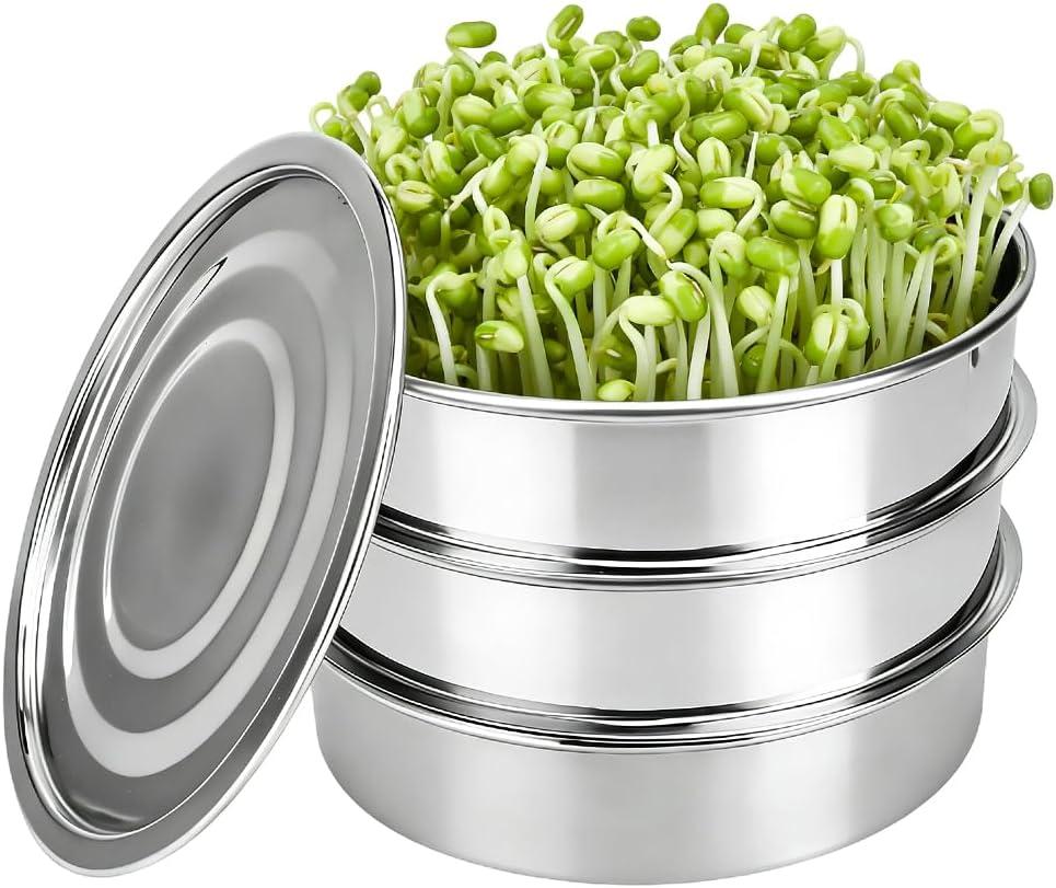 AKAZA 9" Stackable Stainless Steel Seed Sprouting Kit, 3-Tier Mesh Sprouting Tray,1 Base and 1 Cover Lid, Microgreens Propagator for Beans Peas Broccoli Wheat Grass (Clear)