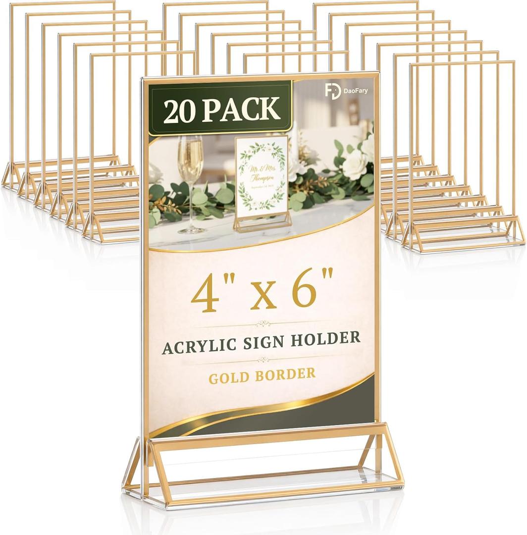 Daofary Acrylic Sign Holder 4x6, 20 Pack Double Sided Clear Gold Frame Tabletop Display, Menu Flyer Table Number Holder for Wedding Reception and Restaurant Tables