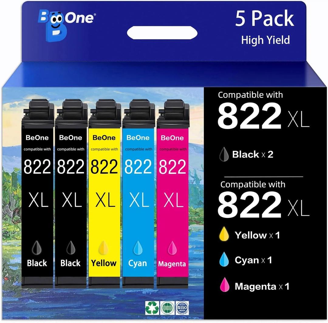 BeOne 822XL Ink Cartridges High Yield Remanufactured Replacement for Epson 822XL Ink Cartridges for 822XL Printer for Epson WF-3820 WF-4820 WF-4830 WF-4833 WF-4834 WF-3823 Printer (5 Pack)