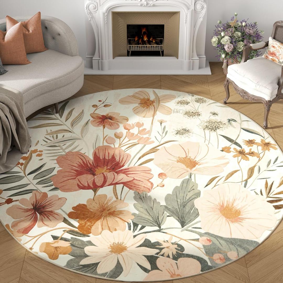 jinchan Renouveau Floral Round Rug 7ft Area Rug Indoor Circle 7' Round Washable Modern Oriental Flower Print Non Slip Carpet for Living Room Dining Room Bedroom Office Decor Pink/Grey
