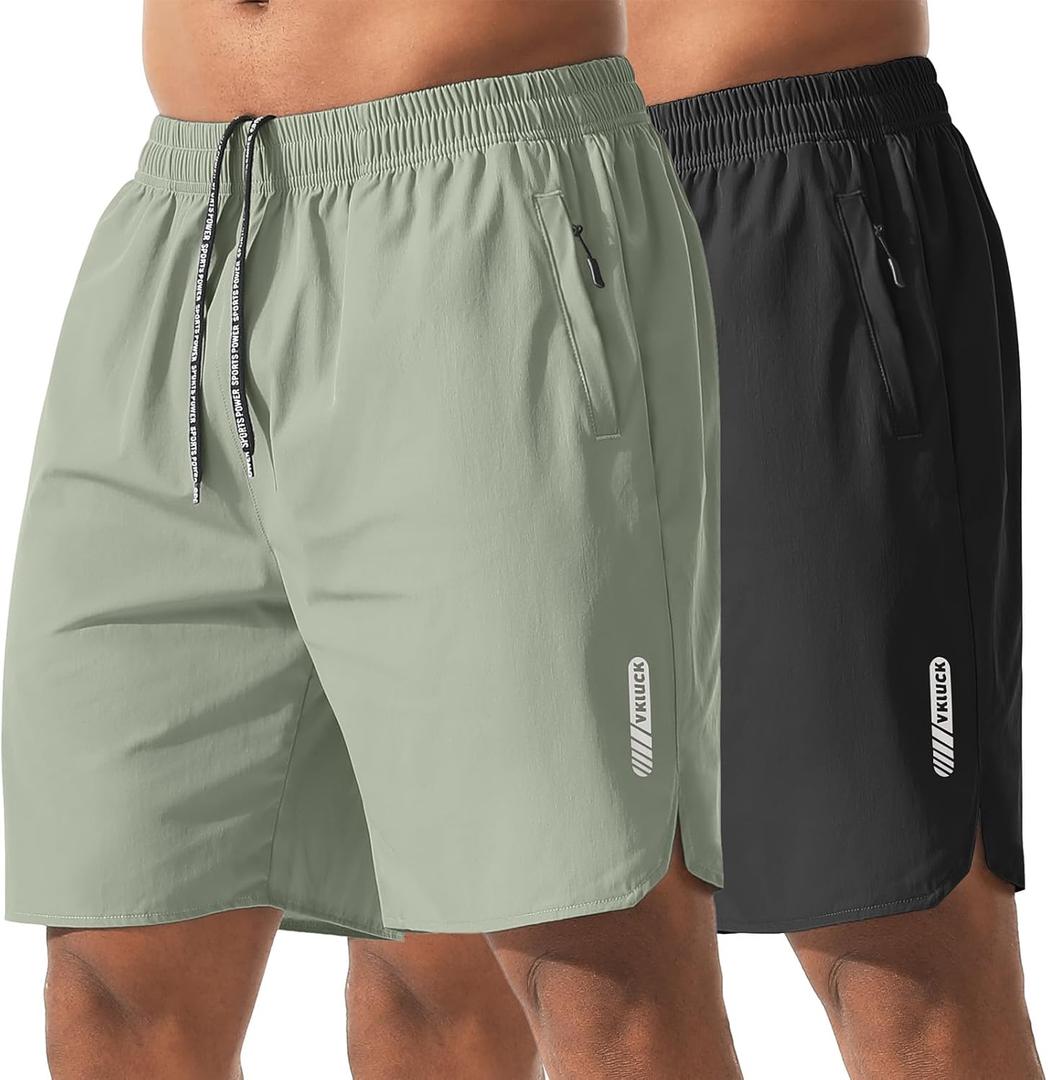 Athletic Running Shorts for Men 7" Lightweight Quick Dry Gym Shorts with Zipper Pockets for Casual, Workout, Travel (Green, L)