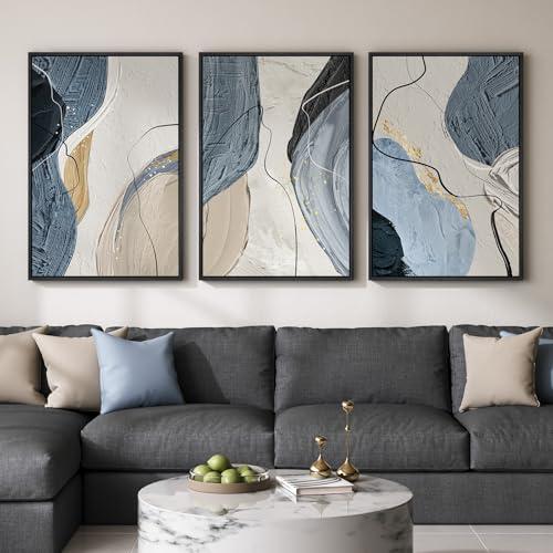 Large Framed Abstract Wall Art for Living Room, Set of 3 Modern Canvas Artwork for Wall, Blue Gray Minimalist Prints Paintings for Bedroom Hallway Office Wall Decor, 24 x 36 Inch