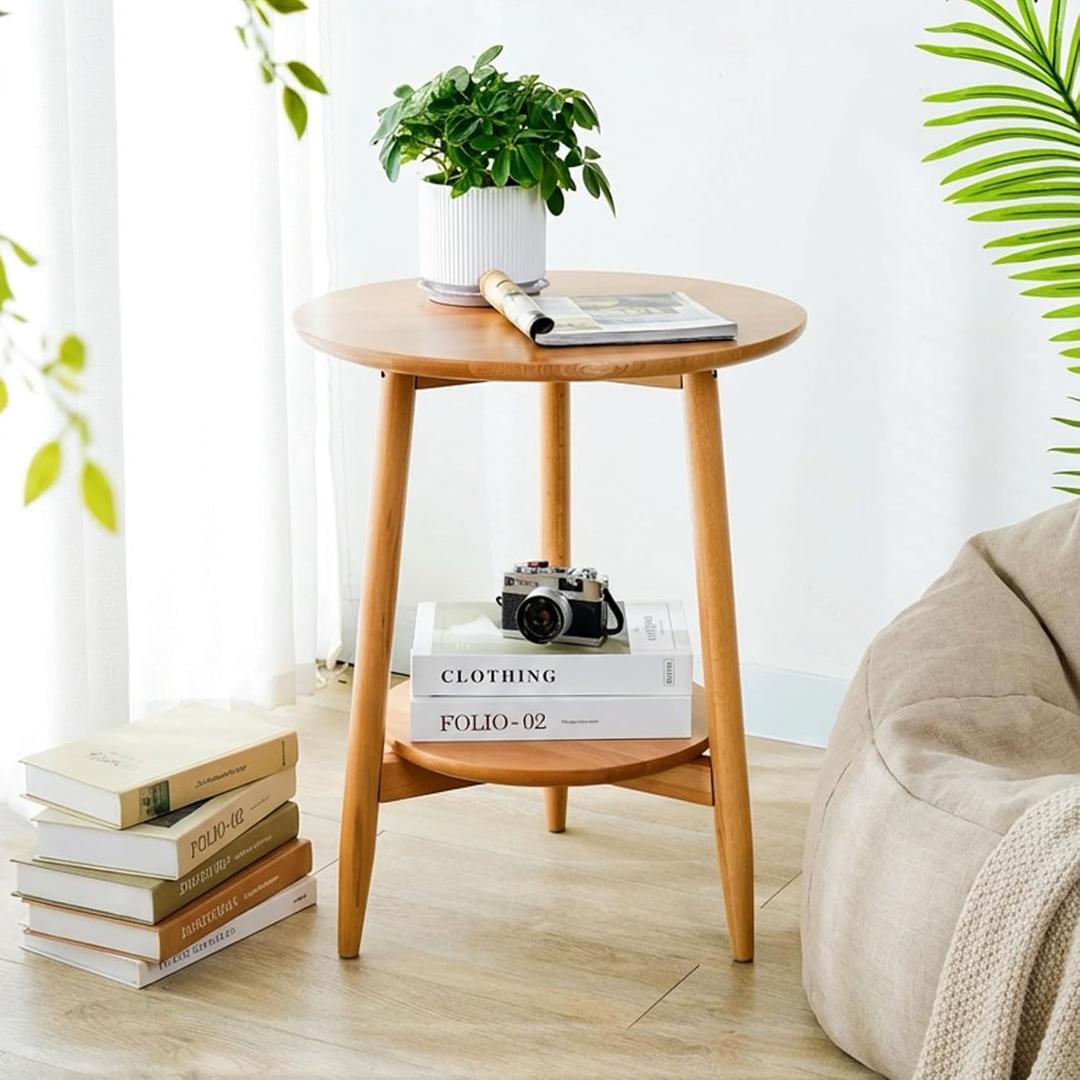 Side Table, Small Round End Table with 2-Tier Shelf, Solid Wood Nightstand for Living Room Bedroom, Mid Century Modern Accent Table for Small Spaces, Natural 19.49" D x 24.02" H