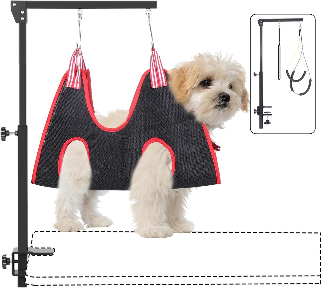 KELIXU Dog Grooming Arm with Clamps, Pet Grooming Table Arm with Hammock Harness &Two No Sit Haunch Holder, Adjustable Pet Grooming Supplies for Small/Medium Pets, Black