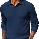 COOFANDY Mens Knit Polo Shirts Long Sleeve Casual Polo Sweaters Shirt Waffle Textured Collared Sweater (Medium, Dark Blue)