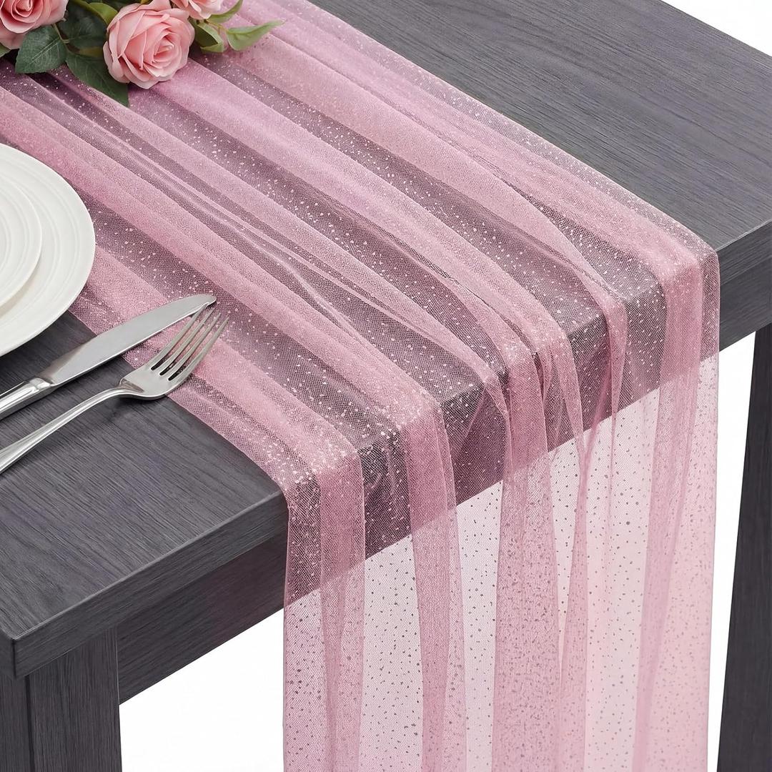 1 Pc Pink Gauze 10 Ft Table Runner Glitter Metallic Foil Sheer Tulle Chiffon Cheesecloth Sequin Table Runner for Home Wedding Party Anniversary Birthday