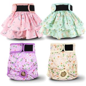 Washable Female Dog Diapers Skirt(4 Pack) - Reusable Doggie Diapers with Adjustable Snaps, High Absorbency Leak-Proof Puppy Diapers for Female Dog in Heat, Period, Incontinence XL (Flowers)