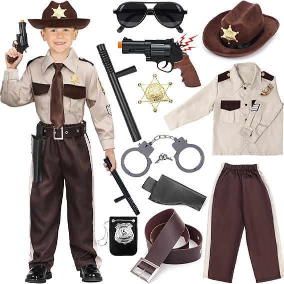 Kids Police Officer Costume Western Sheriff Cowboy Uniform Child Sheriff Outfit for Halloween Costumes L