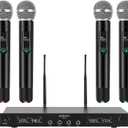 4-Channel Wireless Microphone System, Quad UHF Metal Cordless Mic, 4x25 Channels, Professional Cordless Mic System for Church, DJ, Karaoke,Wedding, Home KTV Set