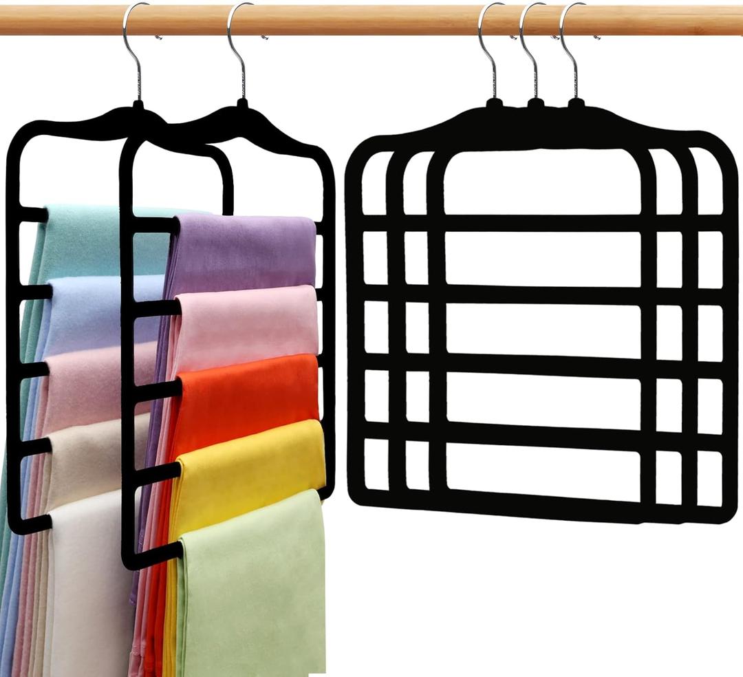 Closet Organizers and Storage, 3 Pack Velvet Pants-Hangers-Space-Saving, Non Silp 5 Tier Scarf Jeans Organizer, Dorm Room Essentials for College Students Girls Boys Guys, Organization and Storage (Dark Black)