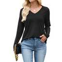 Women's V Neck Tops Long Sleeve Lace Shirts Casual Fitted Tee Shirt Solid Color Fall Basic Clothes Black (Black, XL)