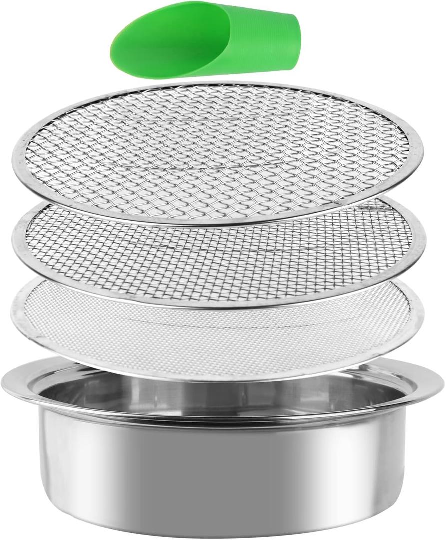 Stainless Steel Garden Sieve & Soil Sifter Tool - 9.5 Inch Stackable Sifting Pan with 3 Mesh Sizes (0.043"/0.133"/0.204") for Sand, Bonsai Soil - Includes Mini Shovels & Scoop (1 Pack) (Silver)