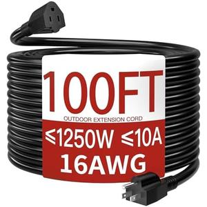 100 Ft Outdoor Extension Cord Waterproof, Weatherproof & Flame Retardant Heavy Duty Black 3 Prong Power Cord Outside for Lawn & Garden, 10A 1250W 125V 16AWG SJTW, ETL Listed
