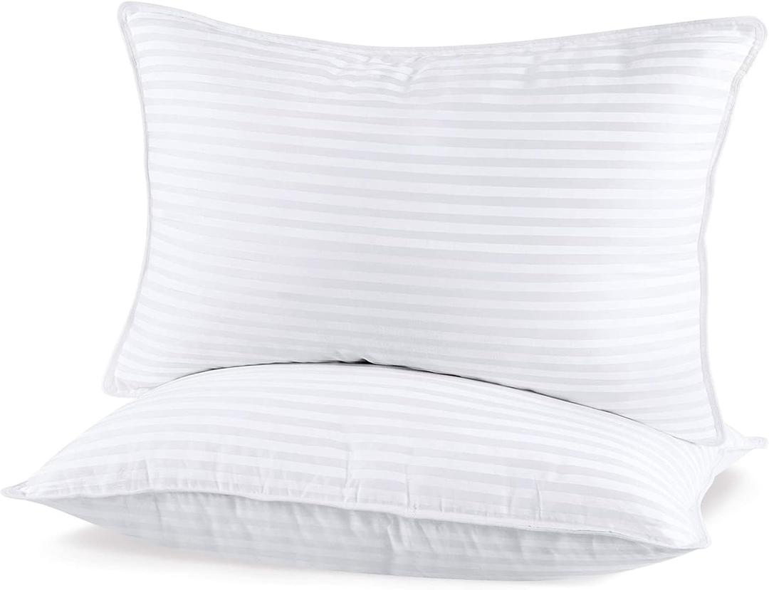 Sherwood Queen Size Cotton Pillow Set, 2 Pack Down Alternative Fiberfill Hotel Pillows for Sleeping (White Strips, Queen 20x30 inches)