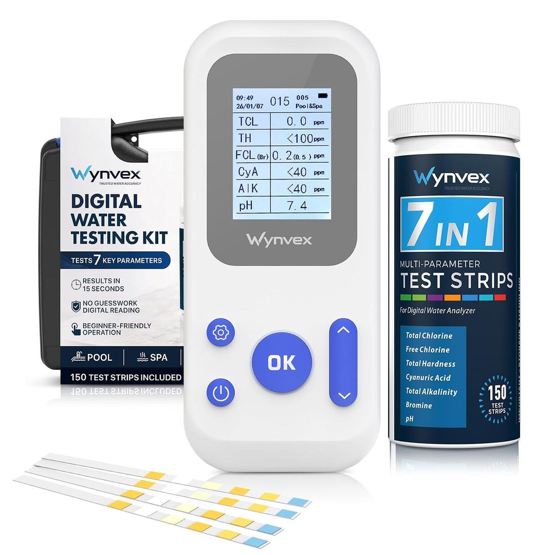 Digital Pool Water Test Kit with Digital Reader, Wynvex 7-in-1 Water Testing for Chlorine, Bromine, pH, Alkalinity & More, Includes 150 Test Strips for Pools, Hot Tubs & Spas