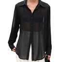 Arssm Women Sheer Button Up Blouse Mesh Long Sleeve Sexy See Through Tops Fashion Trendy Mesh Shirts Tops(Black-XL)
