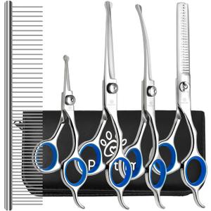 Professional Pet Grooming Kit  6 in 1 Dog Grooming Scissors Kit - Dog & Cat Grooming Supplies - Adjustable Screw Scissors, 4CR Stainless Steel Dog Clippers, Hair Thinning Shears, Rubber Grips