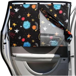 Car Window Shades, 2 Packs Magnetic Car Sun Shades for Baby, 2 Layers for Blackout/See Through Options Colorful Starry Pattern Side Window Curtain for Kids Heat/UV Blocker
