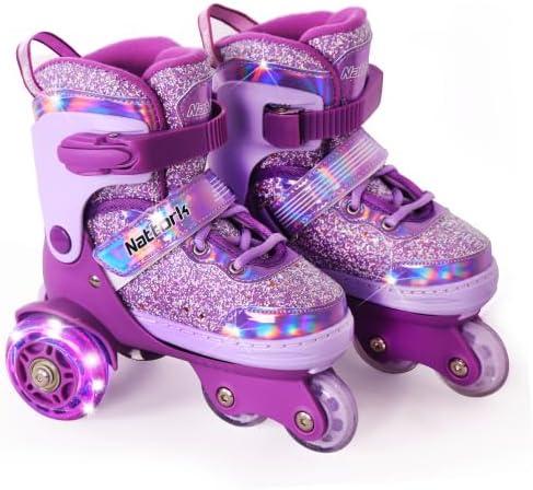 Nattork Toddler Roller Skates for Girls, Tri-Wheel Skates for Beginner Kids with Light-Up Wheels, for Indoor Outdoor Sports Small
