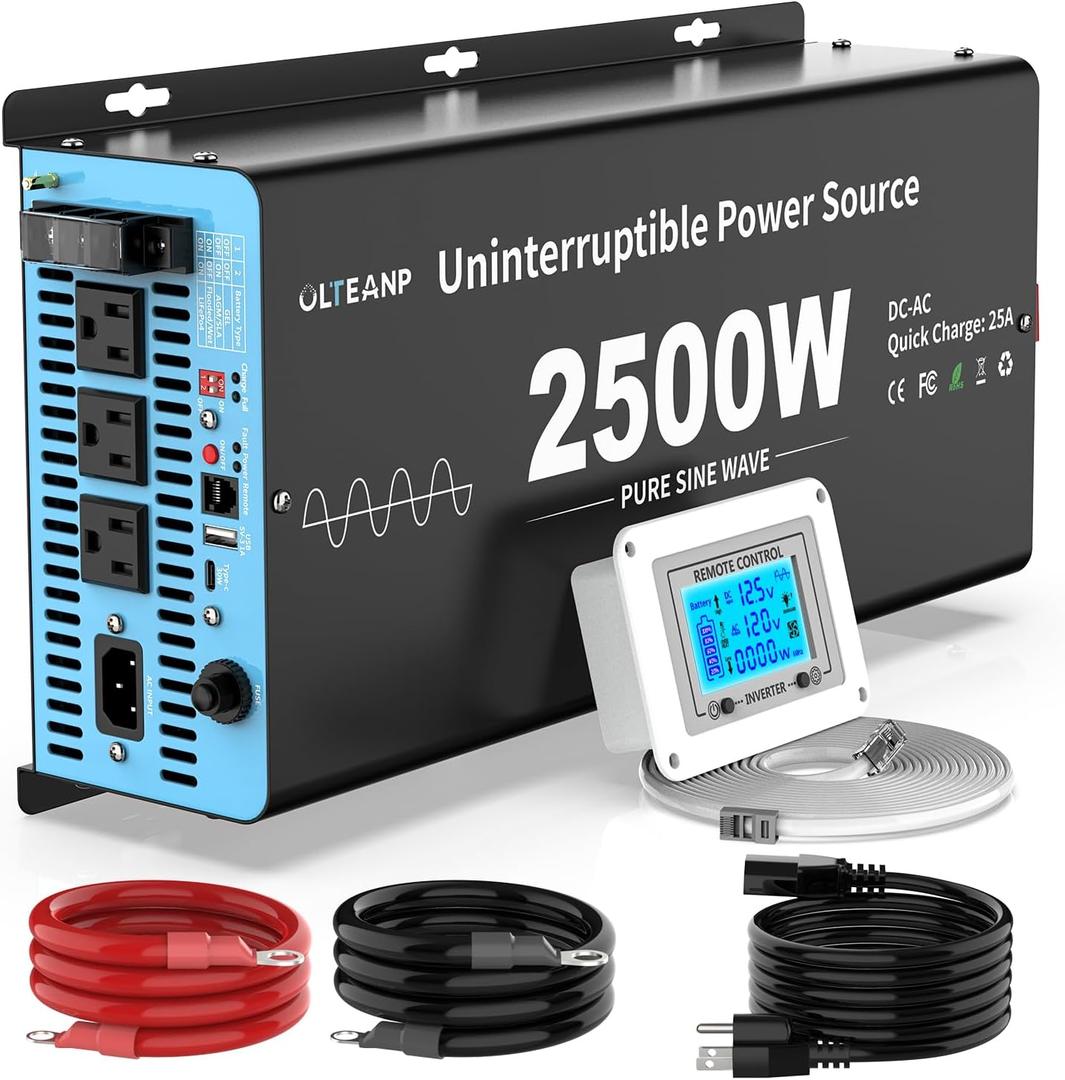 2500W Sump Pump Battery Backup System, Pure Sine Wave Inverter Charger with 25A Fast Charging, Auto Transfer Switch for Basement Flood Protection During Outages, LCD Remote, 12V Deep Cycle Compatible