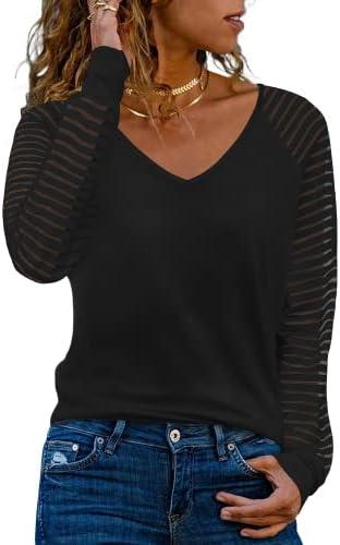 WEESO Womens Long Sleeve Tunic Tops Patchwork Sleeve Casual V Neck Loose Blouses Trendy 2023 (Large)