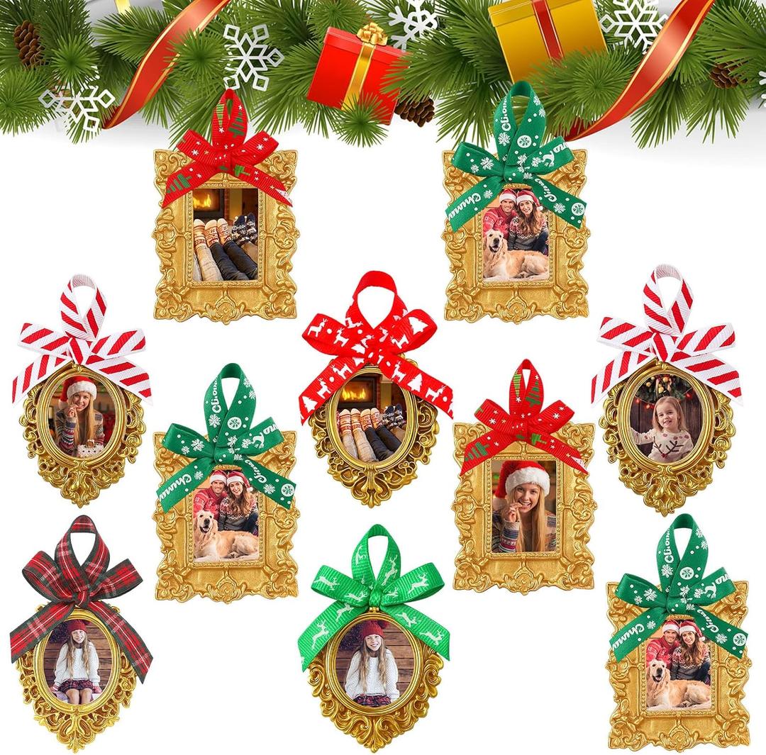 Weysat 10 Pcs Christmas Mini Vintage Picture Frame with Velvet Ribbon Bows Small Gold Picture Frame Ornament Antique Oval Rectangle Wall for Photo Display Christmas Holiday Decor DIY Crafts