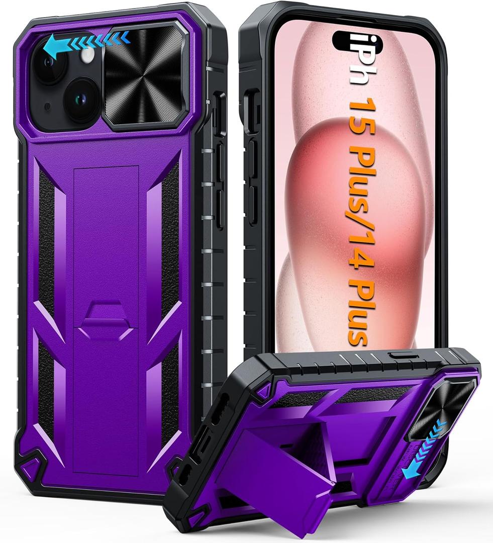 FNTCASE for iPhone 15 Plus Case: for iPhone 14 Plus Phone Case with Kickstand | Rugged Military Grade Drop Proof Protection Hard Heavy Duty Protective Sturdy Cover Purple