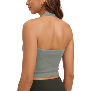 ODODOS Seamless Halter Crop Tops for Women Ribbed Soft V Neck Open Back Cropped Tank Top, 1-Pack, Green Milieu, Medium-Large (Gray, M)